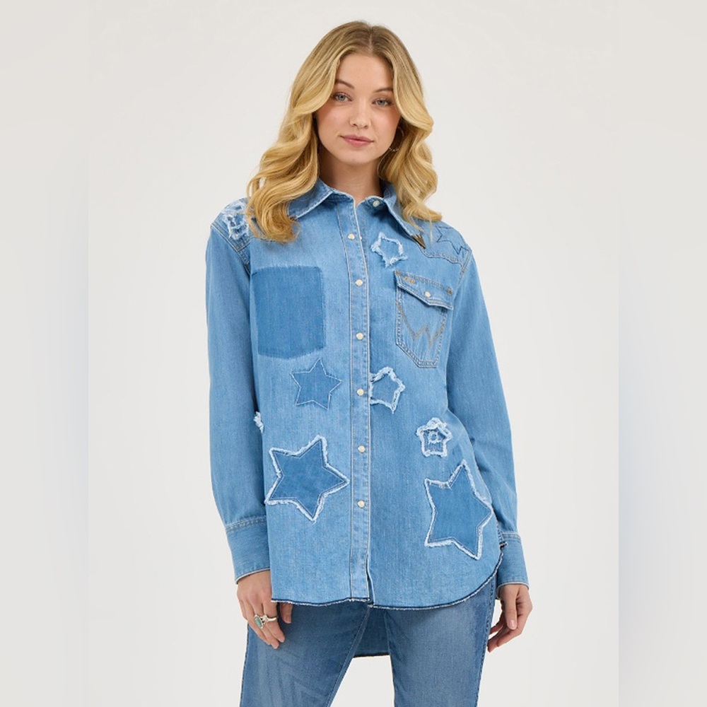 NWT Wrangler Lainey Wilson x Edit "Starry" Western Denim Snap L/S Shirt Lrg